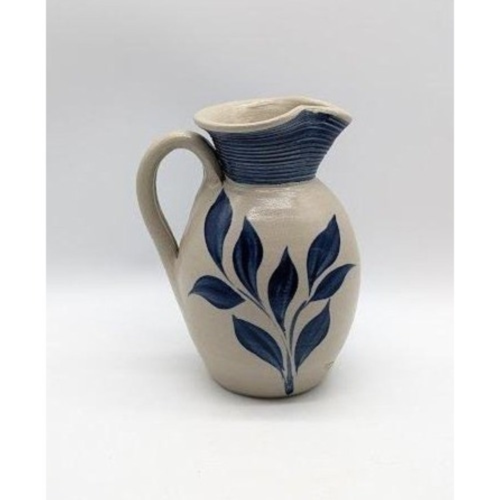 Williamsburg Pottery Salt Glazed Stoneware Pitcher 6" Leaf Floral Creamer Rustic